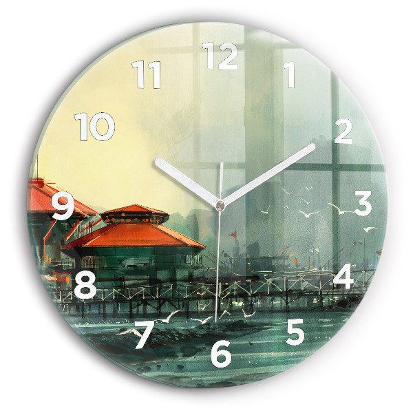 Round glass clock Fishing village