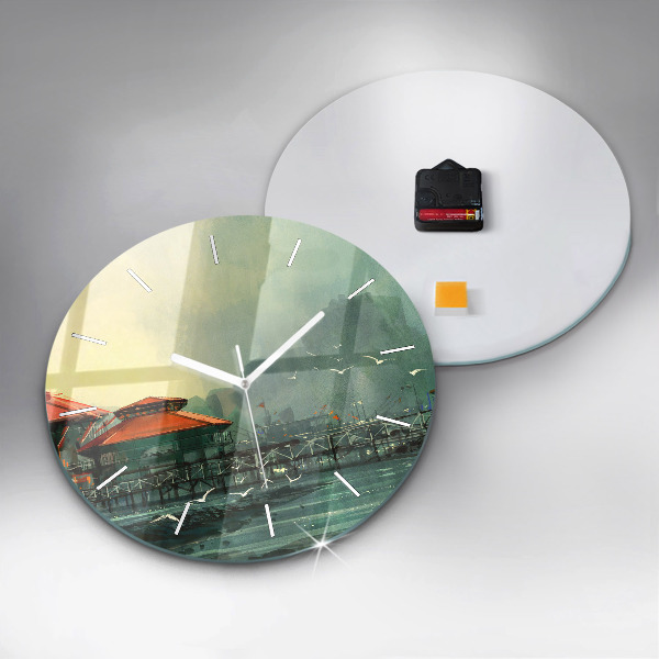 Round glass clock Fishing village