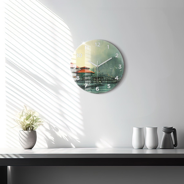 Round glass clock Fishing village