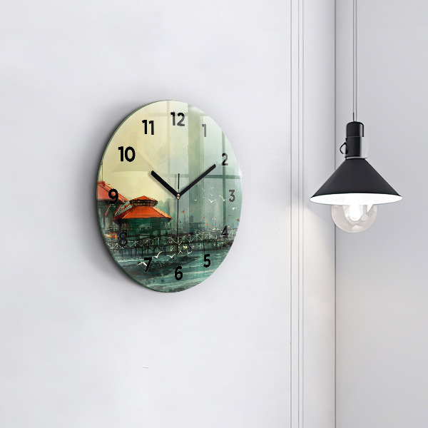 Round glass clock Fishing village