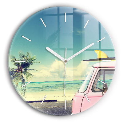 Round glass clock Car with surfboard