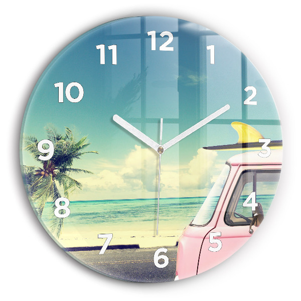 Round glass clock Car with surfboard