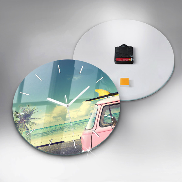 Round glass clock Car with surfboard