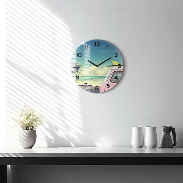 Round glass clock Car with surfboard