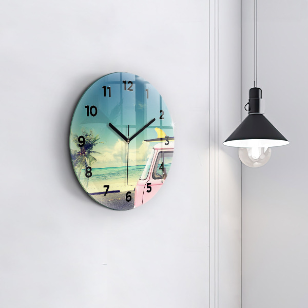 Round glass clock Car with surfboard