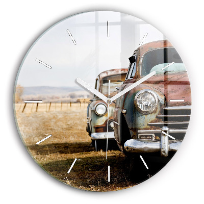 Round glass clock Old cars