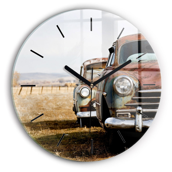 Round glass clock Old cars
