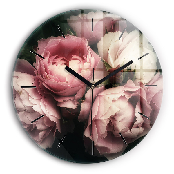 Round glass clock Bouquet of pink roses