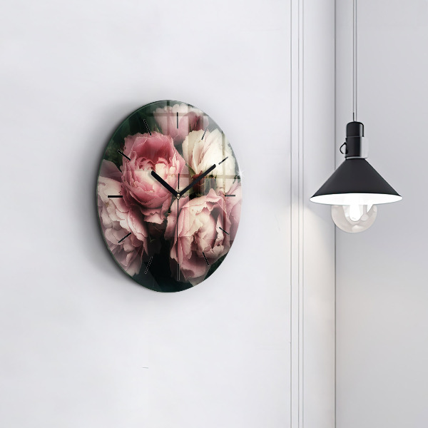 Round glass clock Bouquet of pink roses