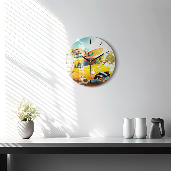 Round glass clock Car with surfboard
