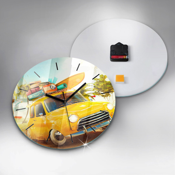 Round glass clock Car with surfboard