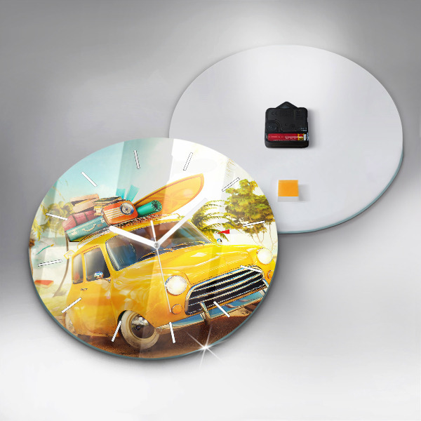 Round glass clock Car with surfboard