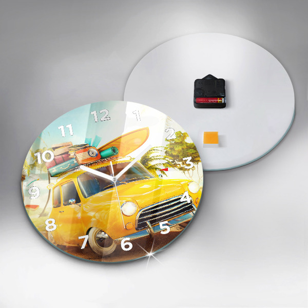 Round glass clock Car with surfboard