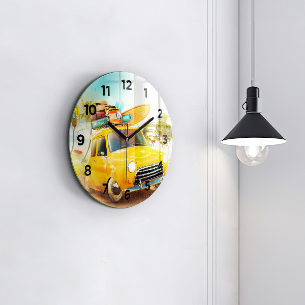 Round glass clock Car with surfboard