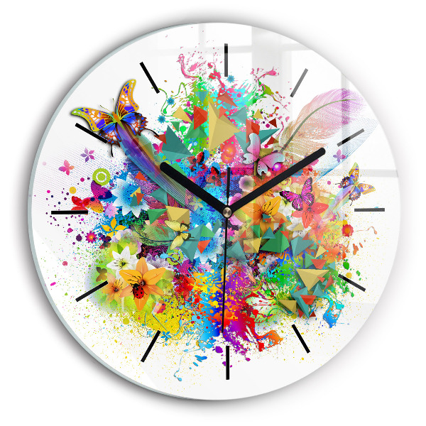 Round glass clock Floral harmony with butterflies