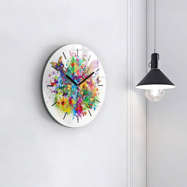 Round glass clock Floral harmony with butterflies
