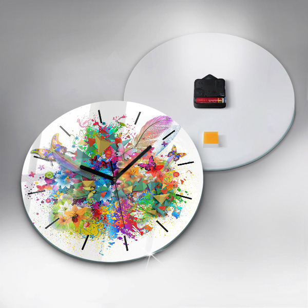 Round glass clock Floral harmony with butterflies