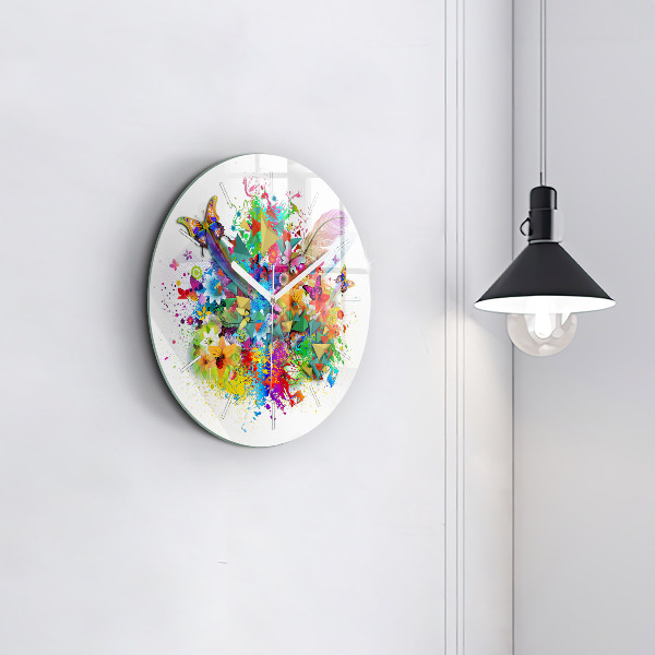 Round glass clock Floral harmony with butterflies