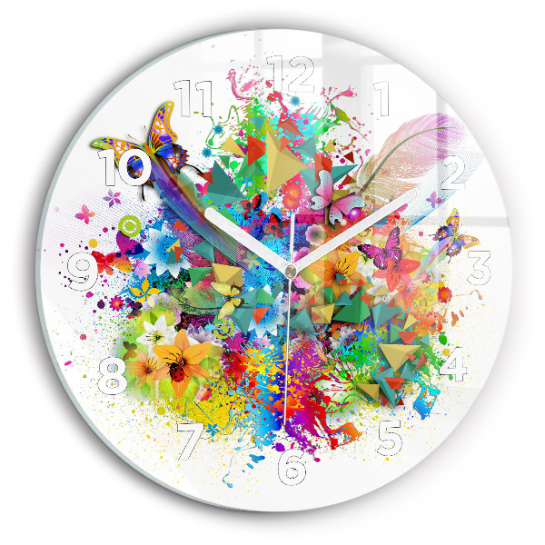 Round glass clock Floral harmony with butterflies