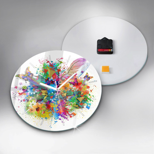 Round glass clock Floral harmony with butterflies