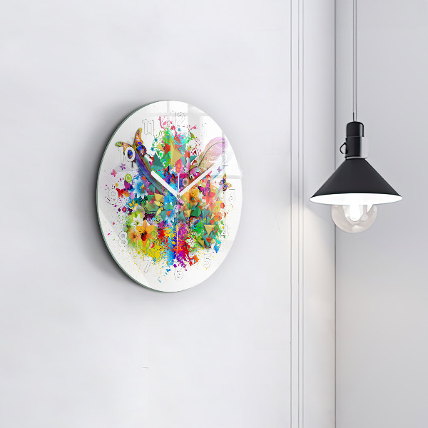 Round glass clock Floral harmony with butterflies
