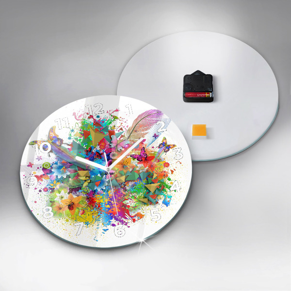Round glass clock Floral harmony with butterflies