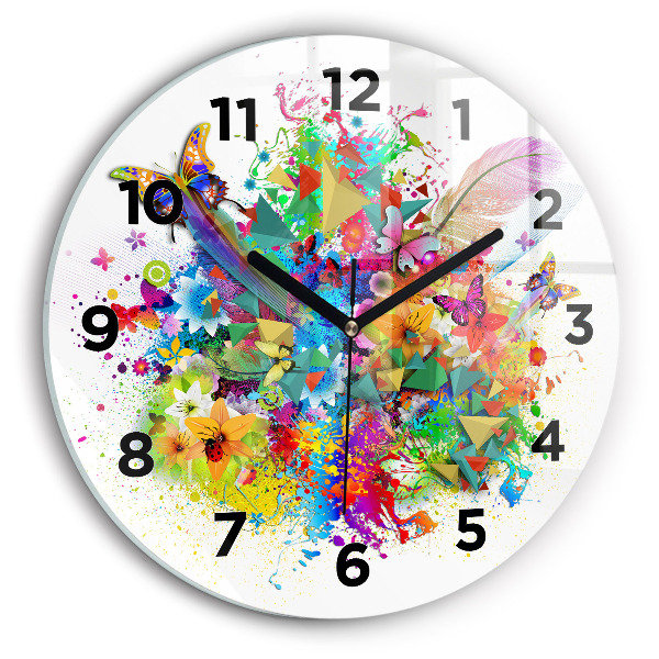 Round glass clock Floral harmony with butterflies