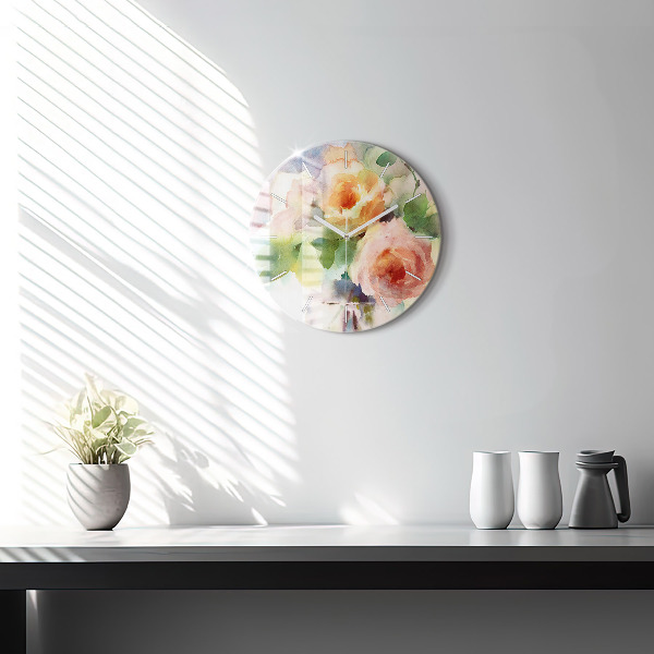 Round glass clock Roses in a Vase Watercolor