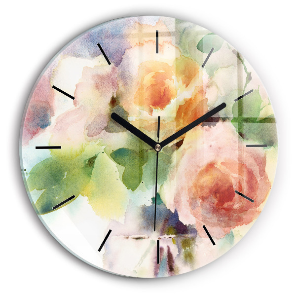 Round glass clock Roses in a Vase Watercolor