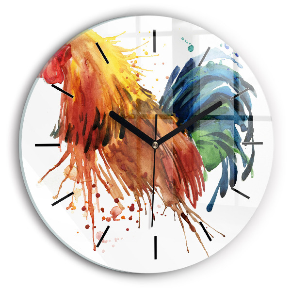 Round glass clock Colorful rooster
