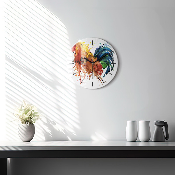 Round glass clock Colorful rooster