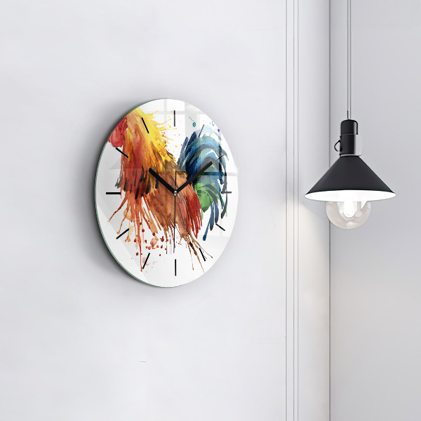 Round glass clock Colorful rooster