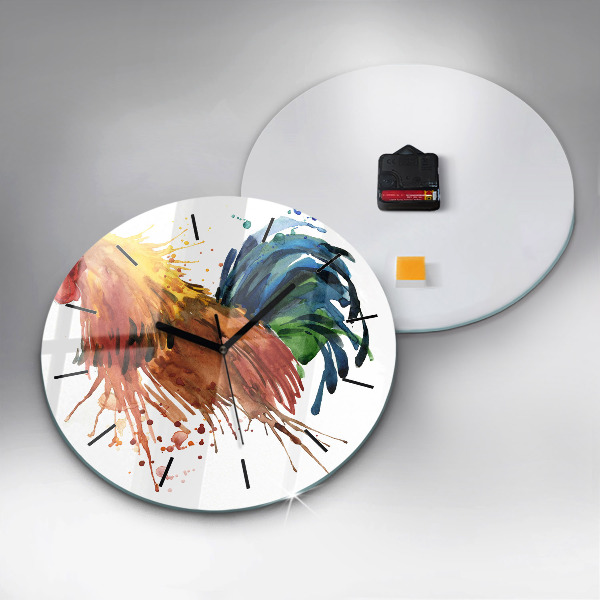 Round glass clock Colorful rooster