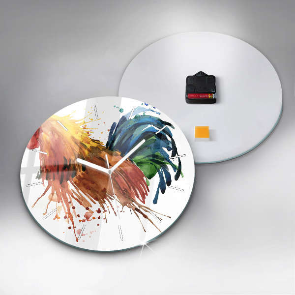 Round glass clock Colorful rooster