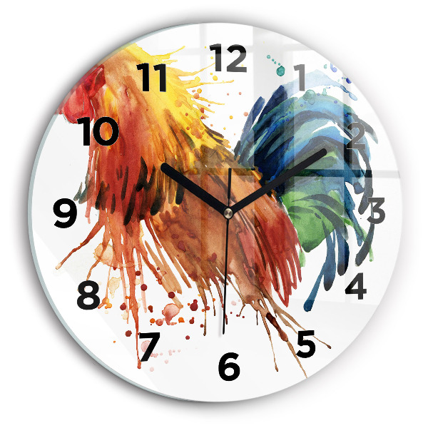 Round glass clock Colorful rooster