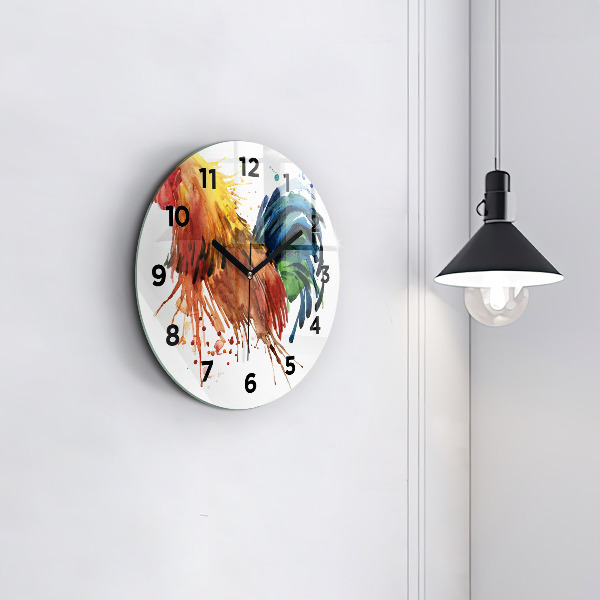 Round glass clock Colorful rooster