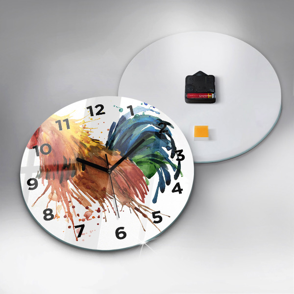 Round glass clock Colorful rooster
