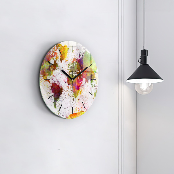 Round glass clock Watercolor map of the world