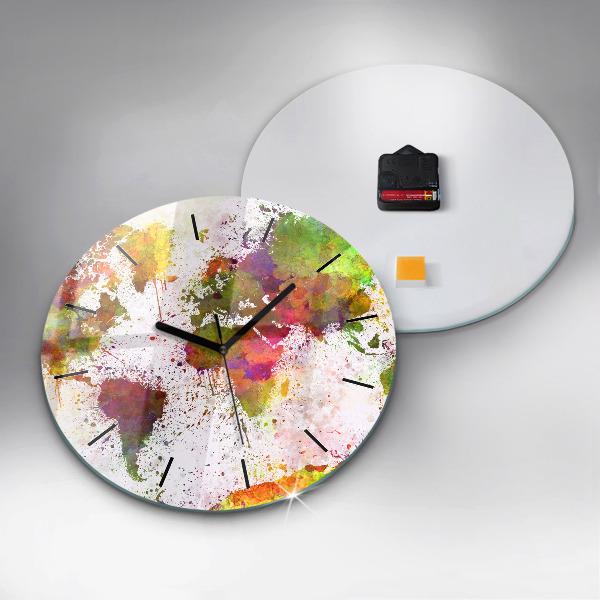 Round glass clock Watercolor map of the world