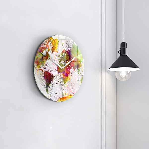 Round glass clock Watercolor map of the world