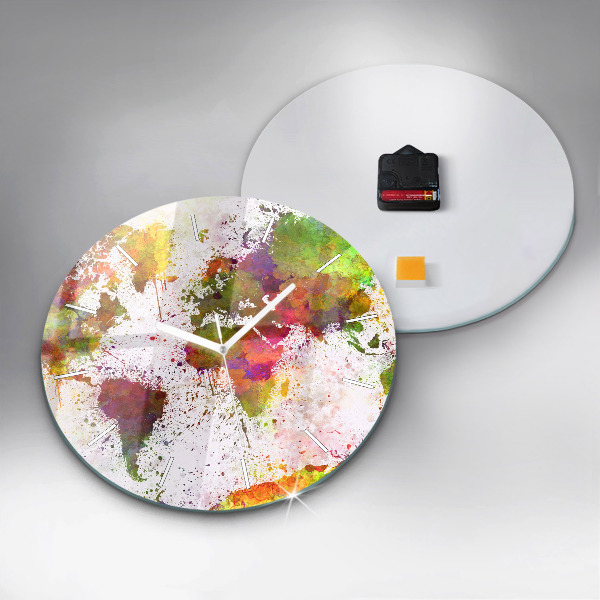 Round glass clock Watercolor map of the world