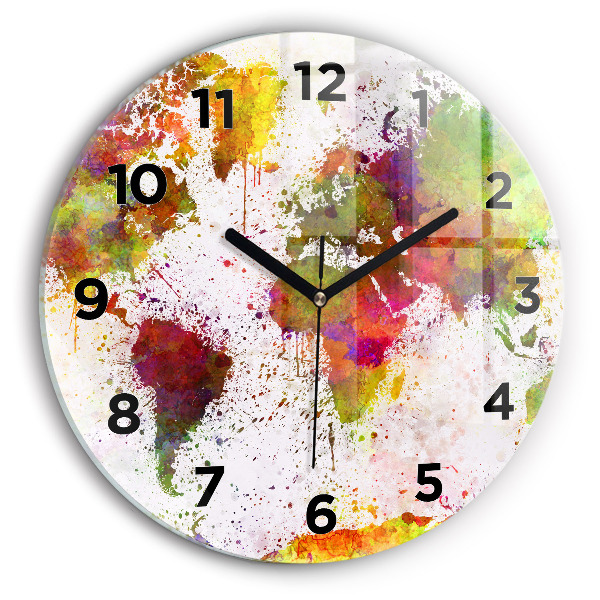 Round glass clock Watercolor map of the world