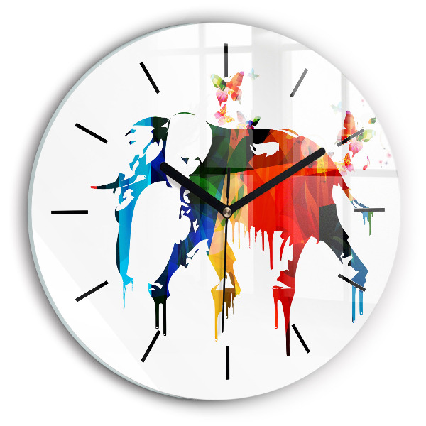 Round glass clock Colorful painted elephant