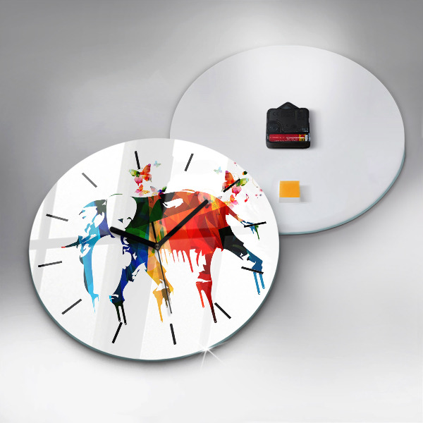 Round glass clock Colorful painted elephant