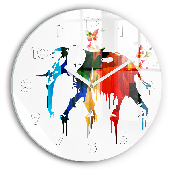 Round glass clock Colorful painted elephant
