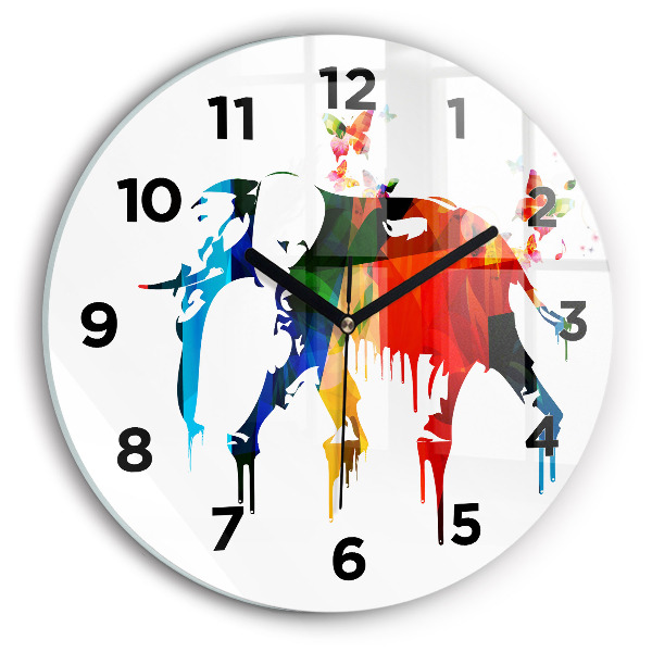 Round glass clock Colorful painted elephant