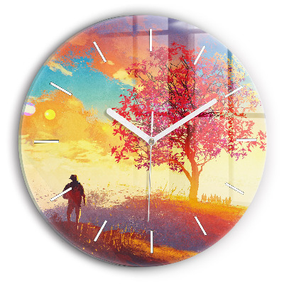Round glass clock Autumn Landscape