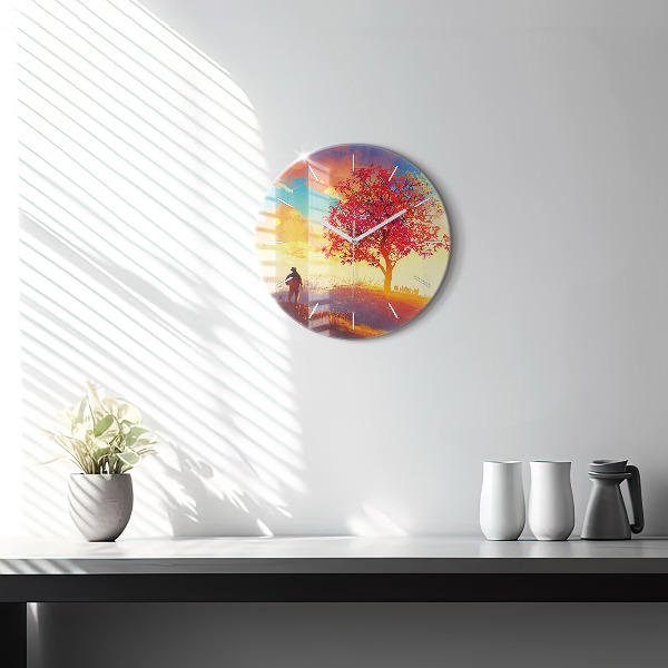Round glass clock Autumn Landscape