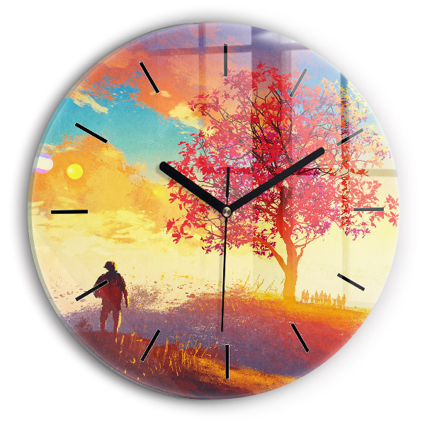 Round glass clock Autumn Landscape