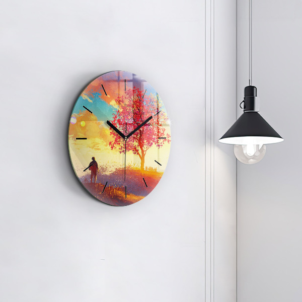Round glass clock Autumn Landscape